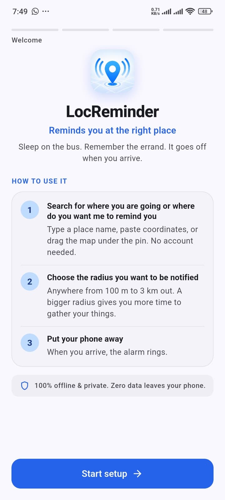 LocReminder welcome and quick setup screen