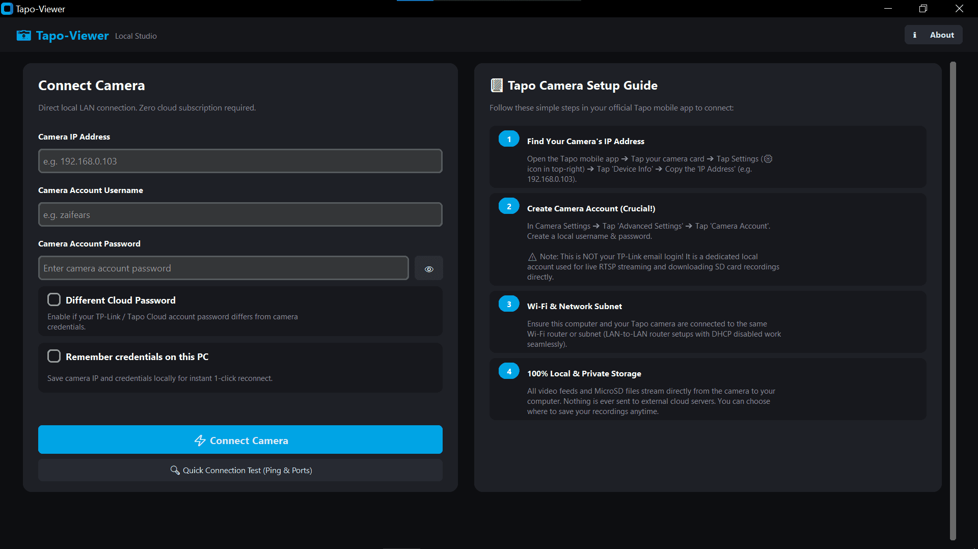 Tapo-Viewer onboarding screen for camera credentials, MicroSD access, and preferred media player