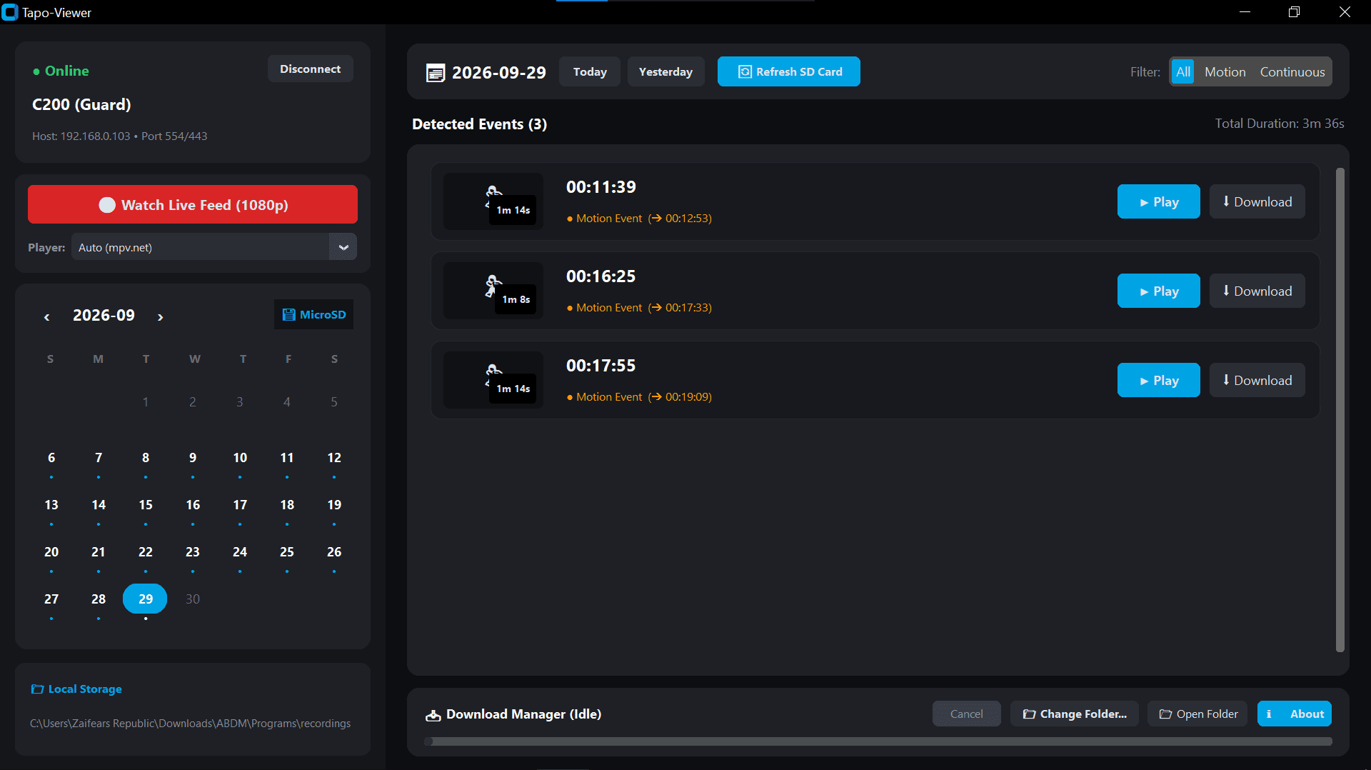 Tapo-Viewer dashboard showing a recording calendar, timeline, live feed controls, and download manager